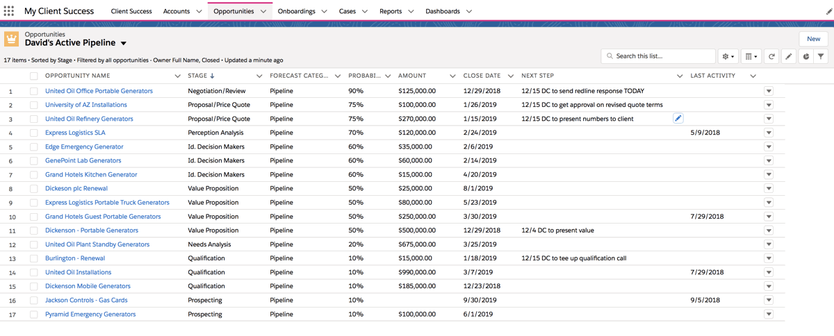 Sales Coaching Davids Active Pipeline View